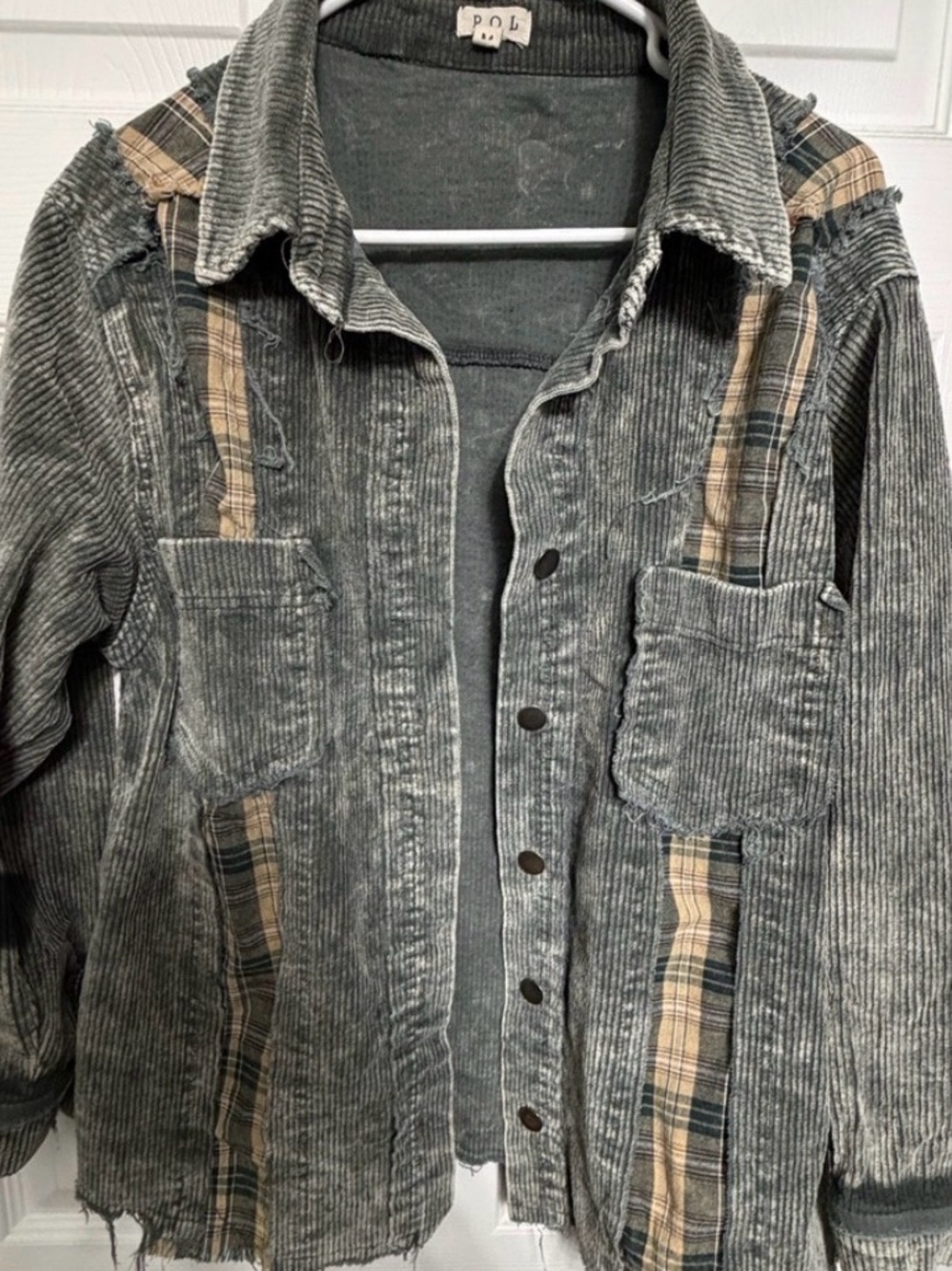 POL Washed Gray Corduroy Shirt Jacket with Patchwork - Picture 6 of 8
